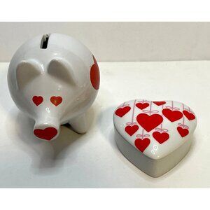 Heart Love pig Piggy Bank and jewelry box ceramic 5" trinket white